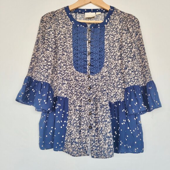 Anthropologie Maeve Hiver Floral Print Blouse in Navy Blue Size 2 - Picture 2 of 12